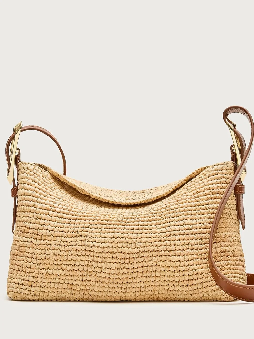 J. Crew Woven Straw Shoulder Bag with Brown Leather Strap